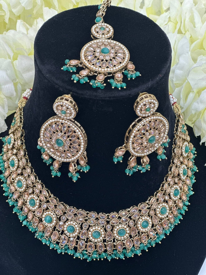 Izhaar Indian Polki Reverse AD L. Green Color Necklace with Earrings Tikka / Wedding Jewelry/ Traditional Jewelry/Wedding set/Reverse AD.