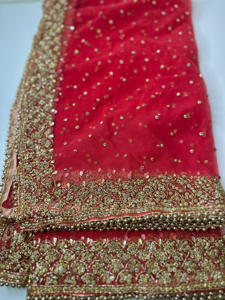 Traditional Red Embroidered  Zari Work Bridal Dupatta