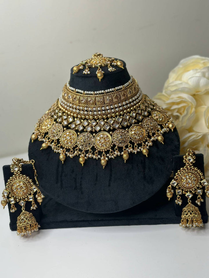 Izhaar AD Polki Kundan Necklace with Earrings Tikka / Wedding Jewelry/ Traditional Jewelry/ Bollywood set/ Indian Pakistani wedding set