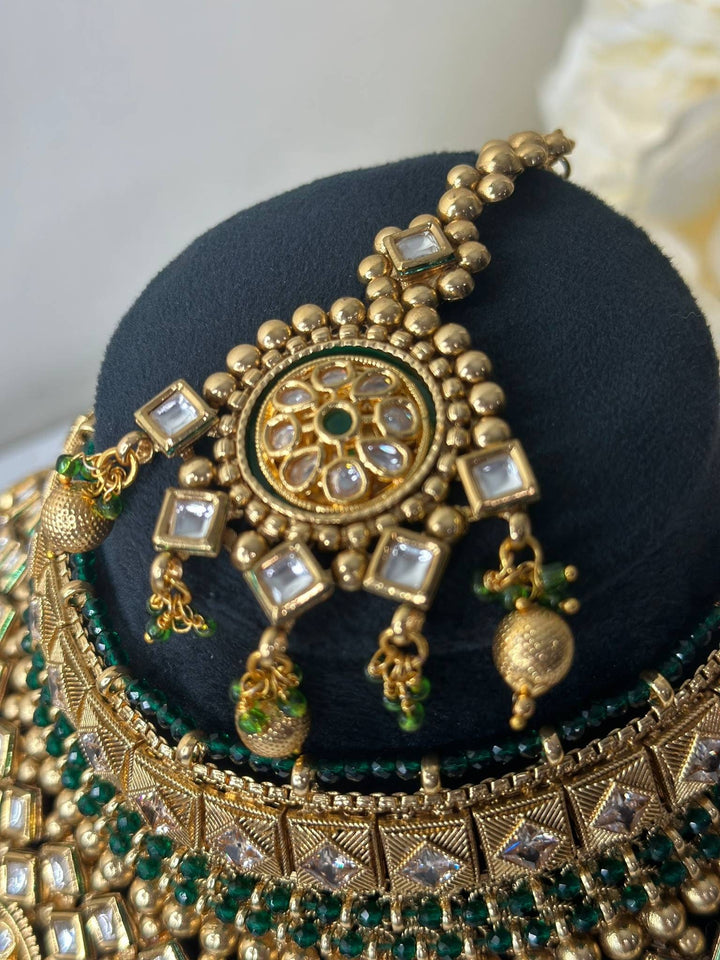 Izhaar Green Color AD Polki Kundan Necklace with Earrings Tikka/Wedding Jewelry/Traditional Jewelry/Indian Pakistani wedding set.