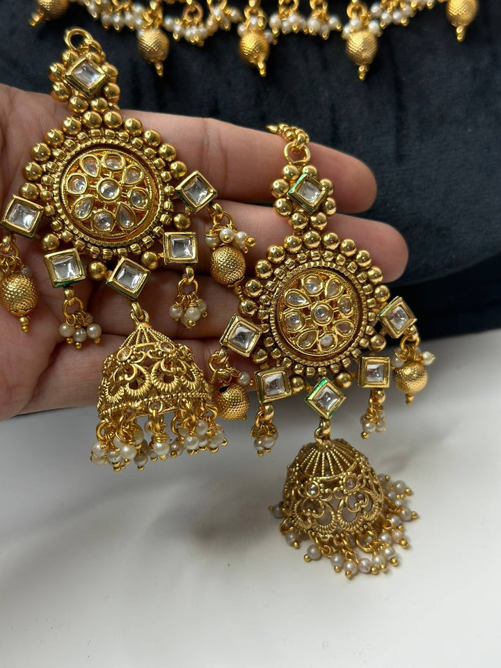 Izhaar Green Color AD Polki Kundan Necklace with Earrings Tikka/Wedding Jewelry/Traditional Jewelry/Indian Pakistani wedding set.
