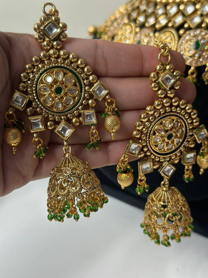 Izhaar Green Color AD Polki Kundan Necklace with Earrings Tikka/Wedding Jewelry/Traditional Jewelry/Indian Pakistani wedding set.