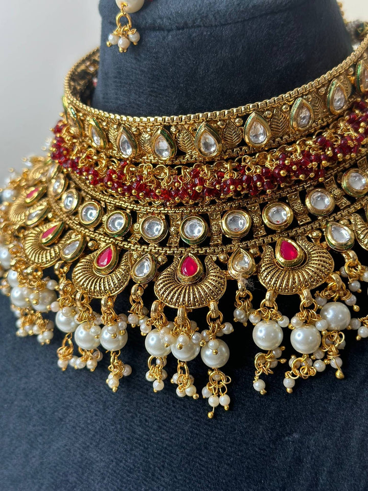 Izhaar Pink Color AD Polki Kundan Necklace with Earrings Tikka/Wedding Jewelry/Traditional Jewelry/Indian Pakistani wedding set.