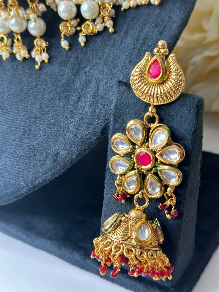 Izhaar Pink Color AD Polki Kundan Necklace with Earrings Tikka/Wedding Jewelry/Traditional Jewelry/Indian Pakistani wedding set.
