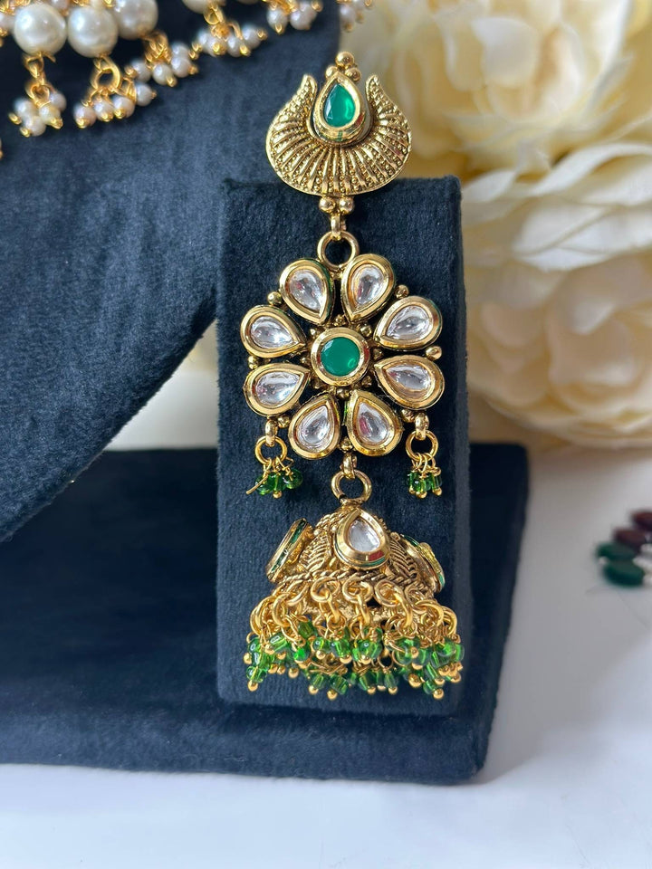 Izhaar Green Color AD Polki Kundan Necklace with Earrings Tikka/Wedding Jewelry/Traditional Jewelry/Indian Pakistani wedding set.