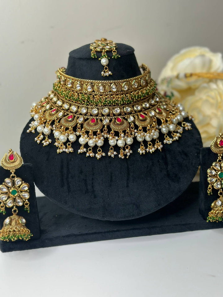 Izhaar Multi Color AD Polki Kundan Necklace with Earrings Tikka/Wedding Jewelry/Traditional Jewelry/Indian Pakistani wedding set.