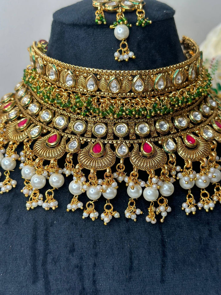 Izhaar Multi Color AD Polki Kundan Necklace with Earrings Tikka/Wedding Jewelry/Traditional Jewelry/Indian Pakistani wedding set.