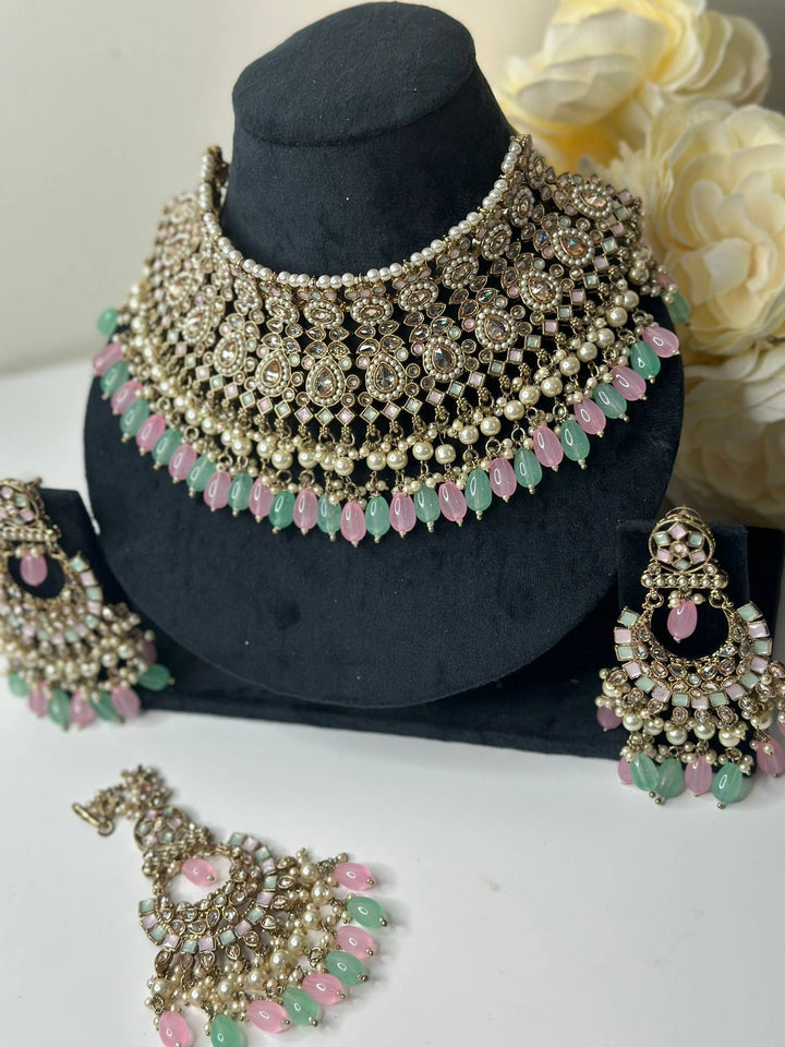 Izhaar Indian Polki Reverse AD Multi Color Necklace with Earrings Tikka/ Wedding Jewelry/ Traditional Jewelry/Wedding/Reverse AD.