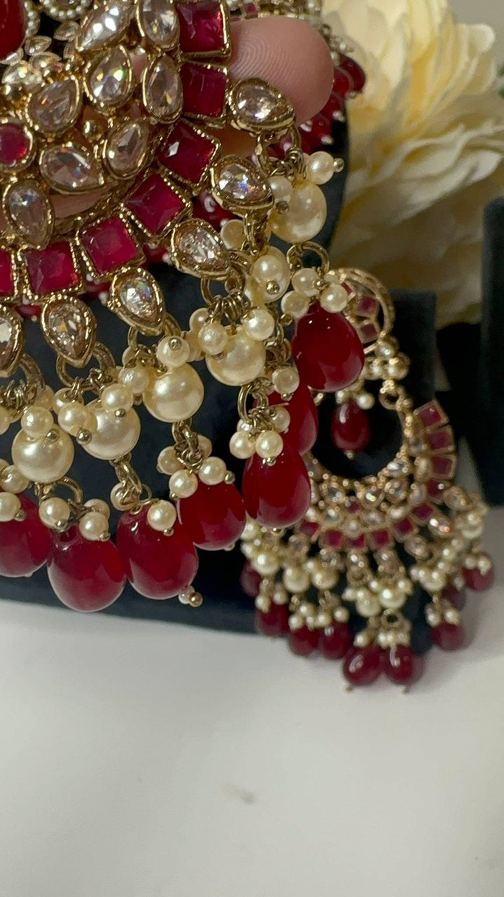 Izhaar Indian Polki Reverse AD Mehroon Color Necklace with Earrings Tikka/ Wedding Jewelry/ Traditional Jewelry/Wedding/Reverse AD.