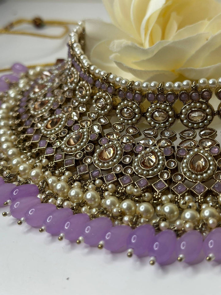 Izhaar Indian Polki Reverse AD Purple Color Necklace with Earrings Tikka/ Wedding Jewelry/ Traditional Jewelry/Wedding/Reverse AD.