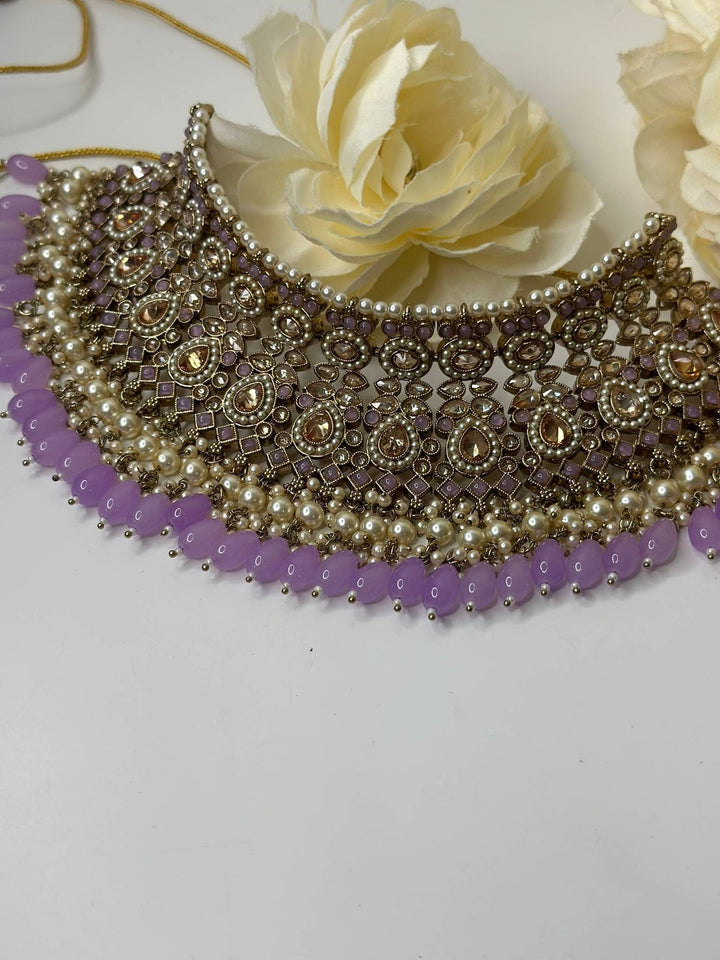 Izhaar Indian Polki Reverse AD Purple Color Necklace with Earrings Tikka/ Wedding Jewelry/ Traditional Jewelry/Wedding/Reverse AD.