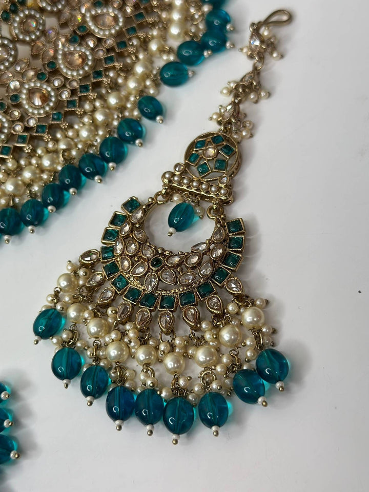 Izhaar Indian Polki Reverse AD Radium Color Necklace with Earrings Tikka/ Wedding Jewelry/ Traditional Jewelry/Wedding/Reverse AD.