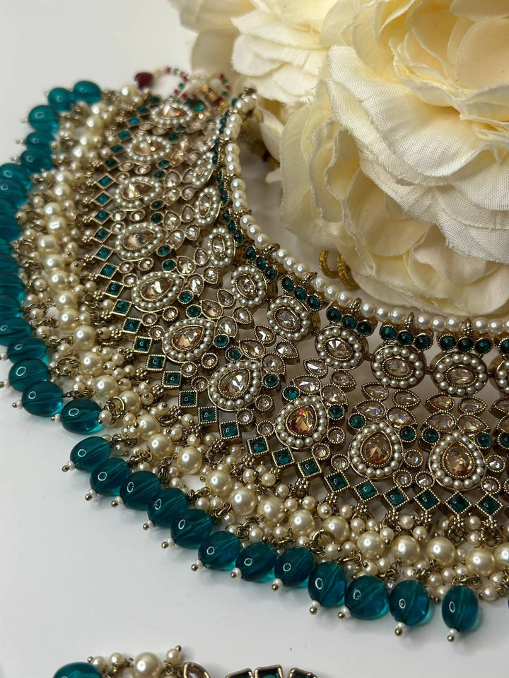 Izhaar Indian Polki Reverse AD Radium Color Necklace with Earrings Tikka/ Wedding Jewelry/ Traditional Jewelry/Wedding/Reverse AD.