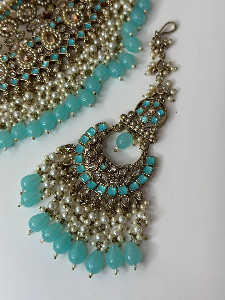 Izhaar Indian Polki Reverse AD Surf Color Necklace with Earrings Tikka/ Wedding Jewelry/ Traditional Jewelry/Wedding/Reverse AD.