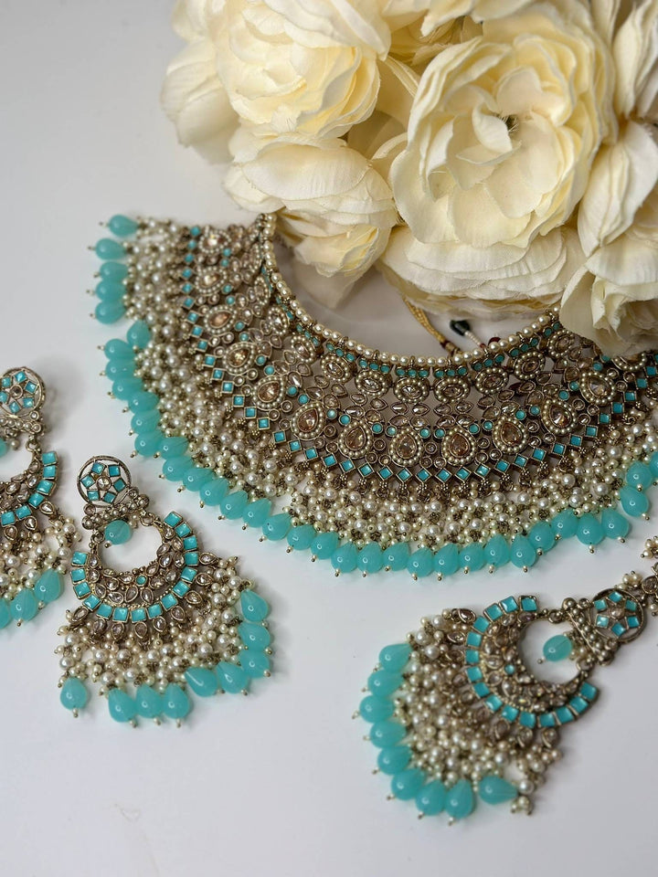 Izhaar Indian Polki Reverse AD Surf Color Necklace with Earrings Tikka/ Wedding Jewelry/ Traditional Jewelry/Wedding/Reverse AD.