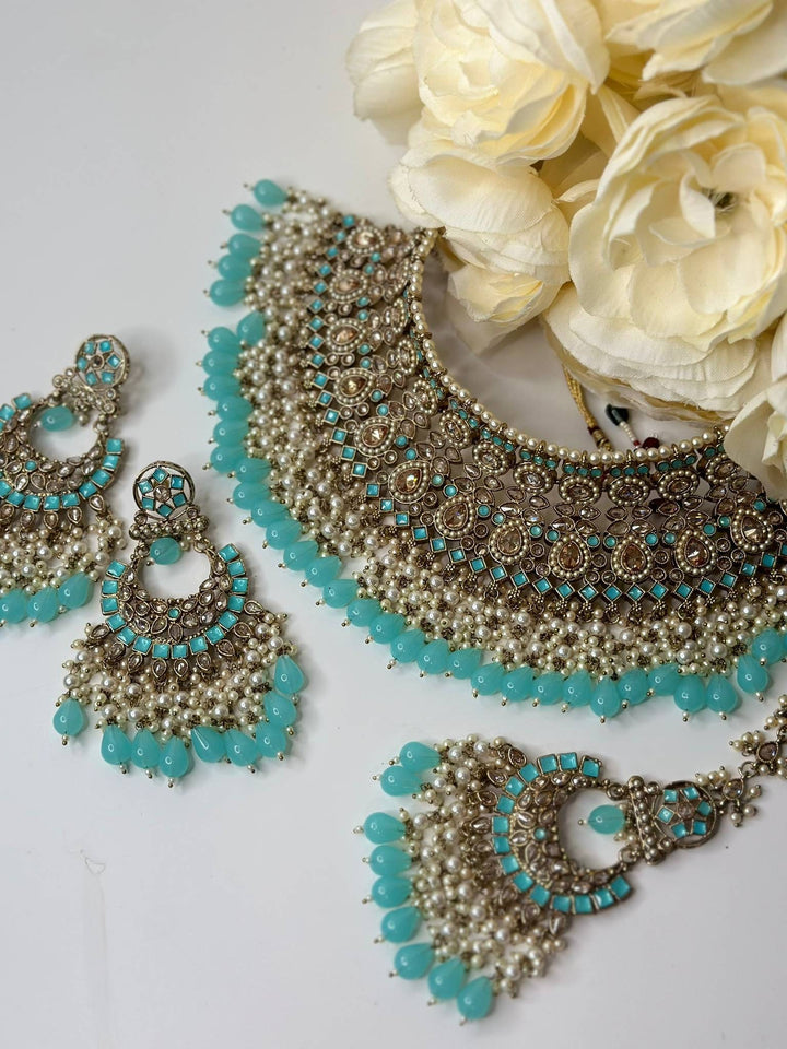 Izhaar Indian Polki Reverse AD Surf Color Necklace with Earrings Tikka/ Wedding Jewelry/ Traditional Jewelry/Wedding/Reverse AD.