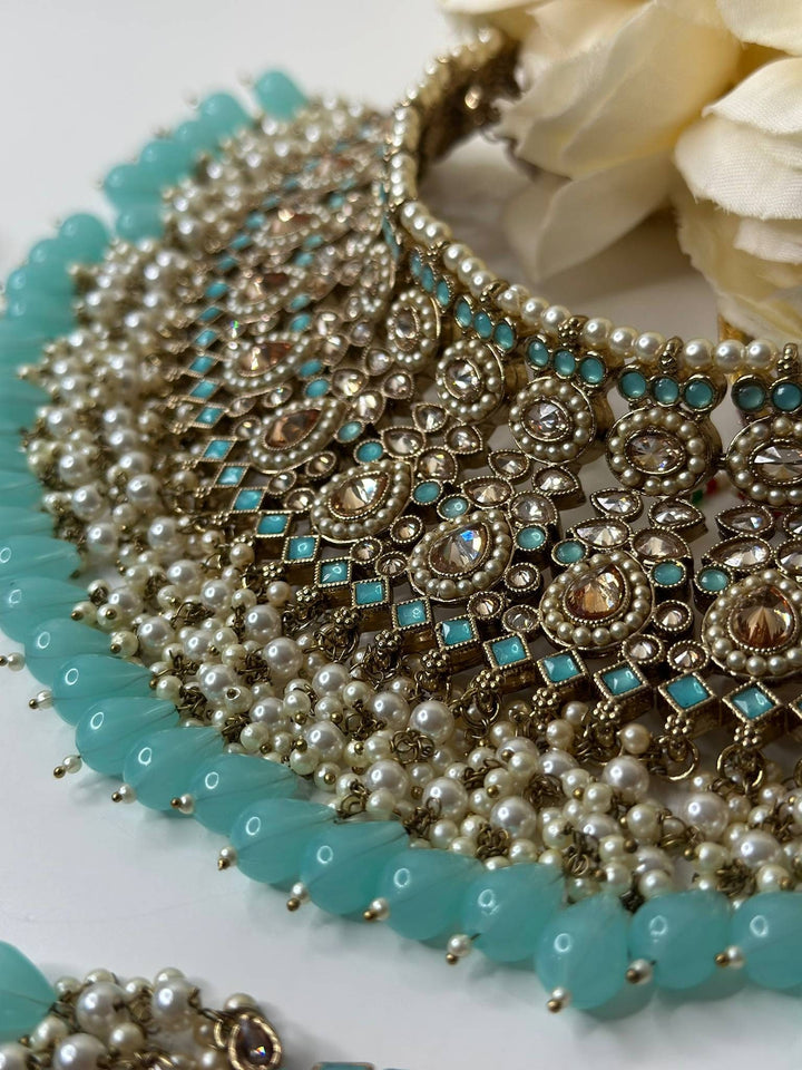 Izhaar Indian Polki Reverse AD Surf Color Necklace with Earrings Tikka/ Wedding Jewelry/ Traditional Jewelry/Wedding/Reverse AD.