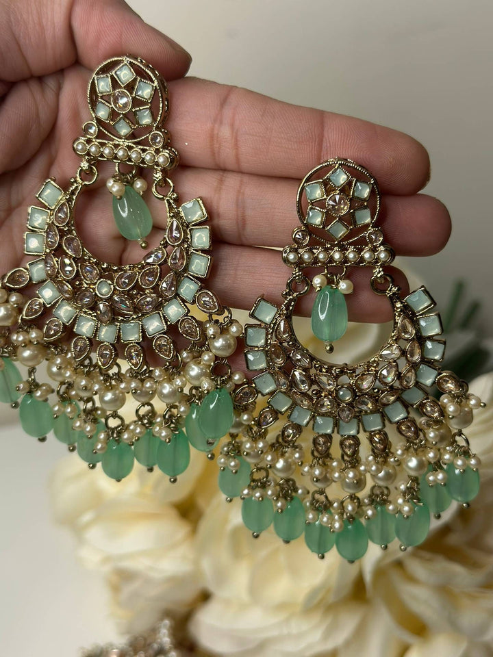 Izhaar Indian Polki Reverse AD Mint Color Necklace with Earrings Tikka/ Wedding Jewelry/ Traditional Jewelry/Wedding/Reverse AD.