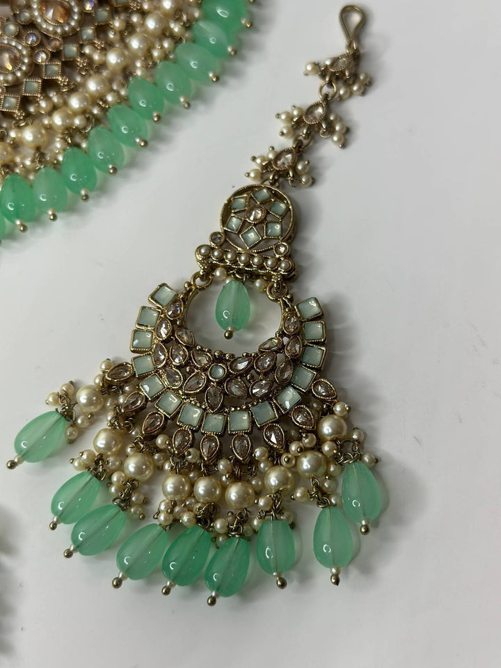 Izhaar Indian Polki Reverse AD Mint Color Necklace with Earrings Tikka/ Wedding Jewelry/ Traditional Jewelry/Wedding/Reverse AD.