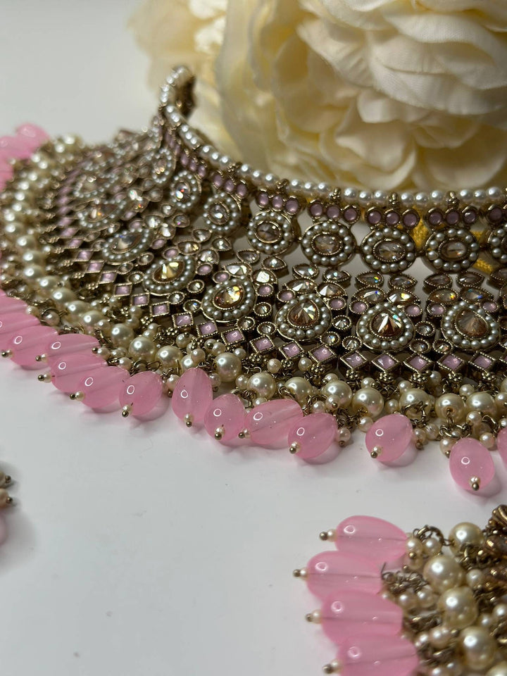 Izhaar Indian Polki Reverse AD L. Pink Color Necklace with Earrings Tikka/ Wedding Jewelry/ Traditional Jewelry/Wedding/Reverse AD.