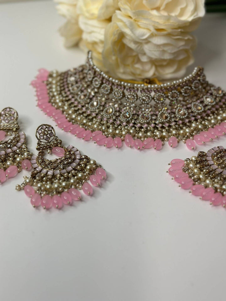 Izhaar Indian Polki Reverse AD L. Pink Color Necklace with Earrings Tikka/ Wedding Jewelry/ Traditional Jewelry/Wedding/Reverse AD.