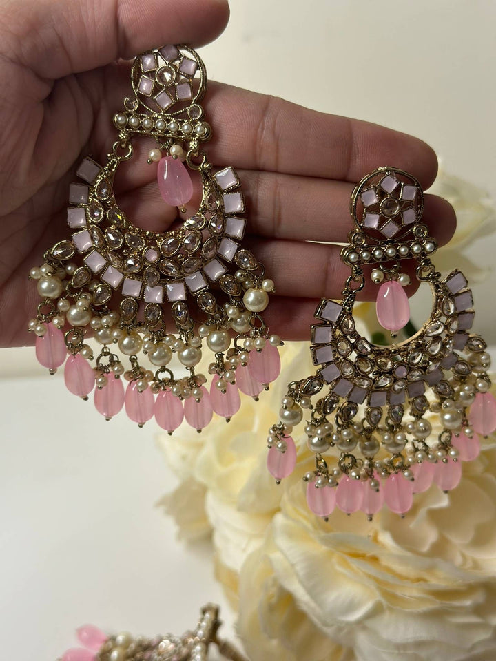 Izhaar Indian Polki Reverse AD L. Pink Color Necklace with Earrings Tikka/ Wedding Jewelry/ Traditional Jewelry/Wedding/Reverse AD.
