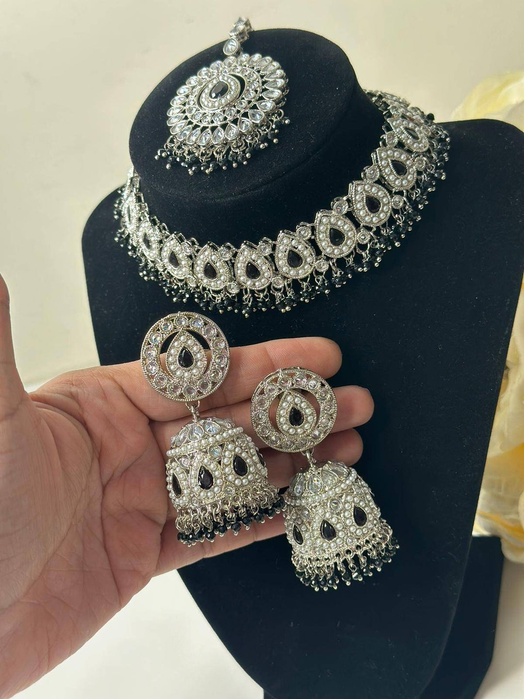 Izhaar Indian Polki Reverse AD Black Color Necklace with Earrings Tikka/ Wedding Jewelry/ Traditional Jewelry/Wedding/Reverse AD/Choker Set.