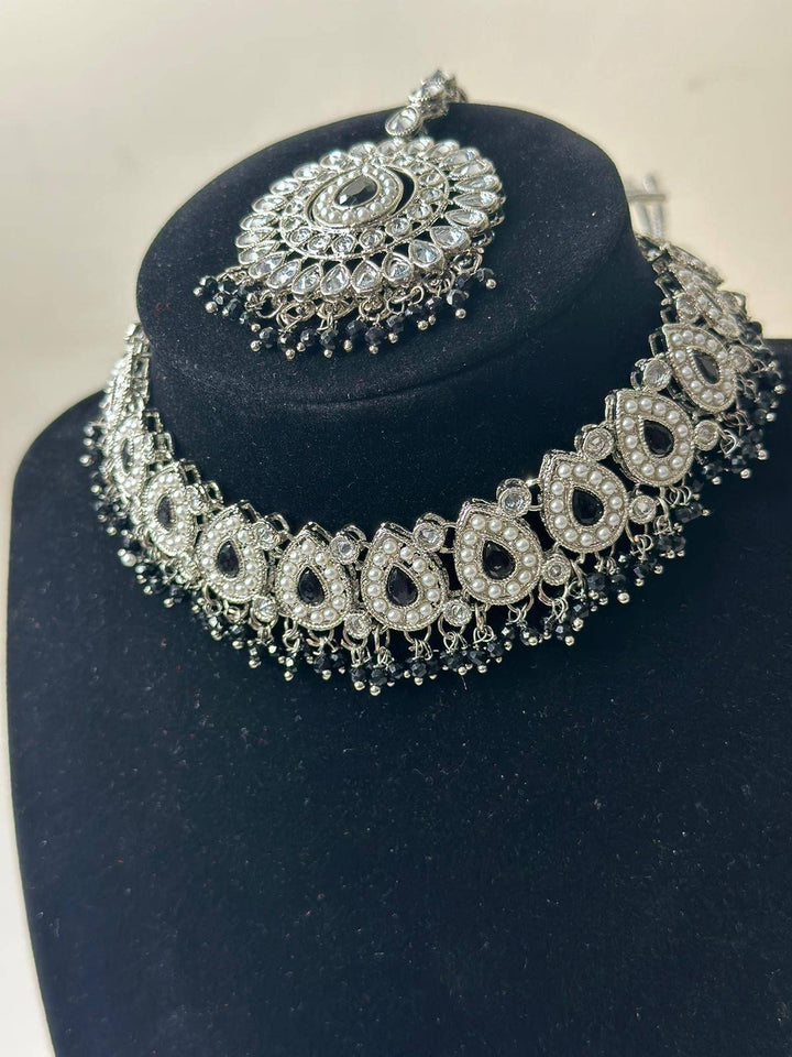 Izhaar Indian Polki Reverse AD Black Color Necklace with Earrings Tikka/ Wedding Jewelry/ Traditional Jewelry/Wedding/Reverse AD/Choker Set.