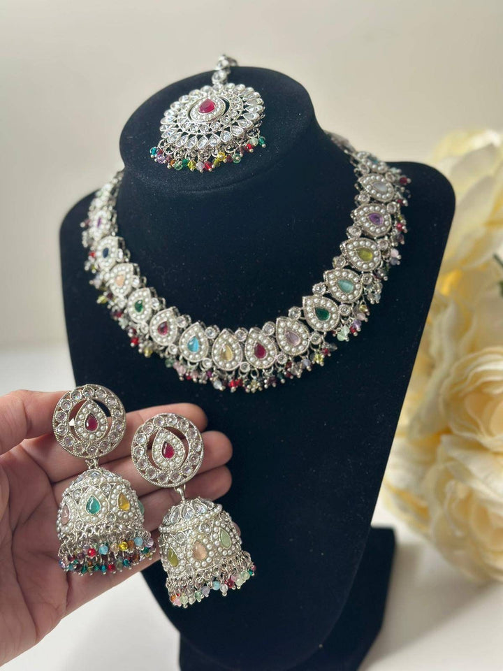 Izhaar Indian Polki Reverse AD Multi Color Necklace with Earrings Tikka/ Wedding Jewelry/ Traditional Jewelry/Wedding/Reverse AD/Choker Set.