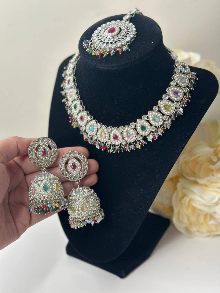Izhaar Indian Polki Reverse AD Multi Color Necklace with Earrings Tikka/ Wedding Jewelry/ Traditional Jewelry/Wedding/Reverse AD/Choker Set.