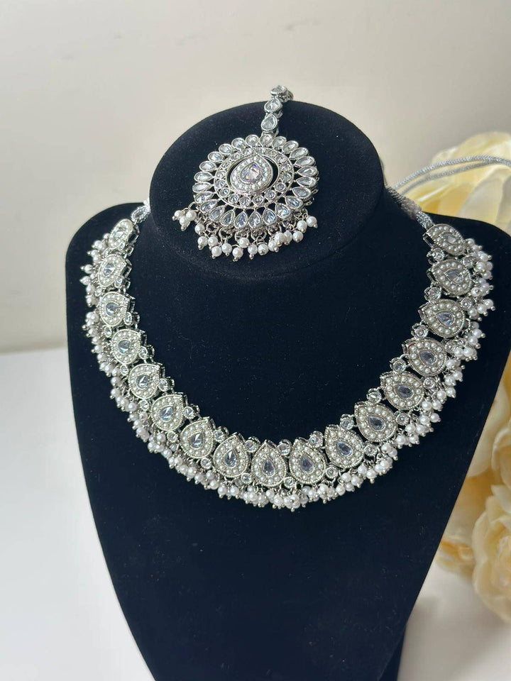 Izhaar Indian Polki Reverse AD White Color Necklace with Earrings Tikka/ Wedding Jewelry/ Traditional Jewelry/Wedding/Reverse AD/Choker Set.