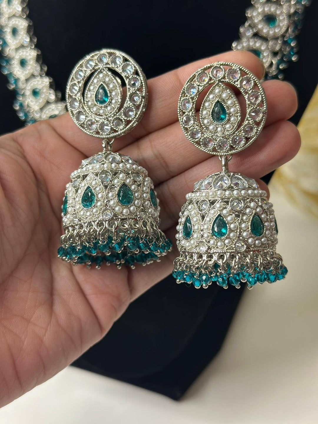 Izhaar Indian Polki Reverse AD Radium Color Necklace with Earrings Tikka/Wedding Jewelry/ Traditional Jewelry/Wedding/Reverse AD/Choker Set.