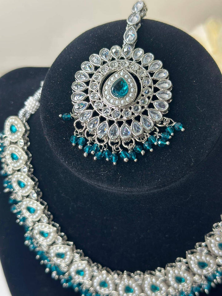 Izhaar Indian Polki Reverse AD Radium Color Necklace with Earrings Tikka/Wedding Jewelry/ Traditional Jewelry/Wedding/Reverse AD/Choker Set.
