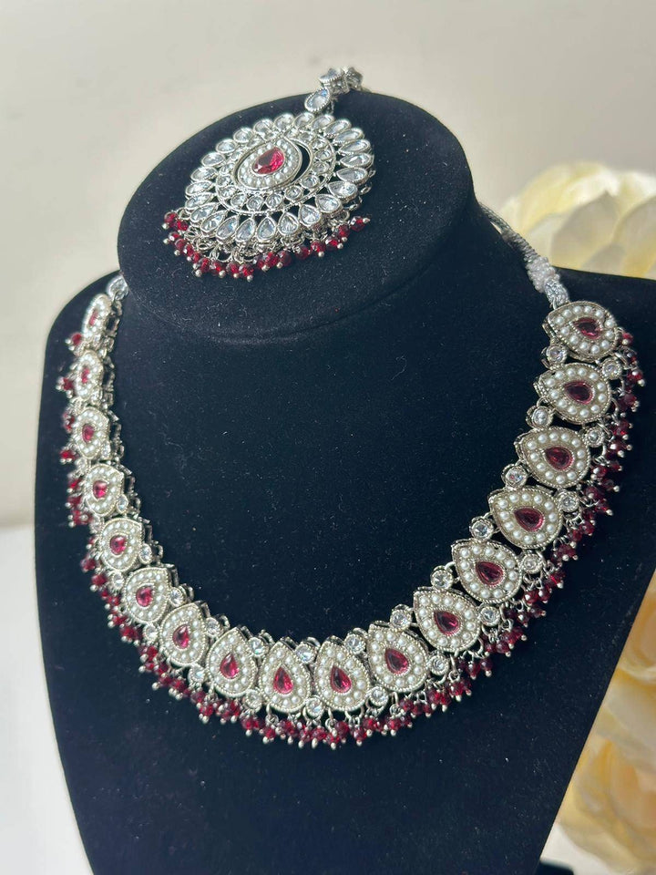 Izhaar flexible Polki Reverse AD Pink Color Necklace with Earrings Tikka/Wedding Jewelry/Traditional Jewelry/Wedding/Reverse AD/Choker Set.