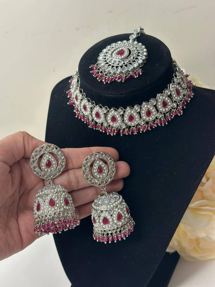Izhaar flexible Polki Reverse AD Pink Color Necklace with Earrings Tikka/Wedding Jewelry/Traditional Jewelry/Wedding/Reverse AD/Choker Set.