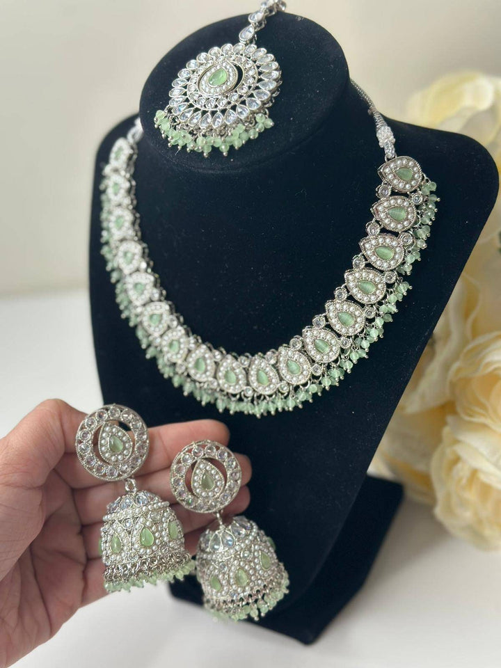 Izhaar flexible Polki Reverse AD Mint Color Necklace with Earrings Tikka/Wedding Jewelry/Traditional Jewelry/Wedding/Reverse AD/Choker Set.