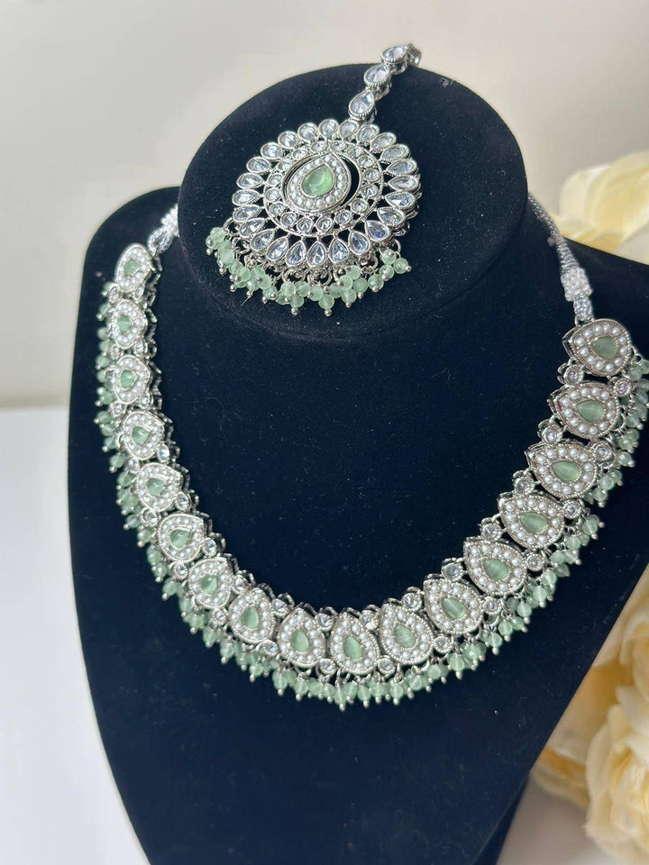 Izhaar flexible Polki Reverse AD Mint Color Necklace with Earrings Tikka/Wedding Jewelry/Traditional Jewelry/Wedding/Reverse AD/Choker Set.