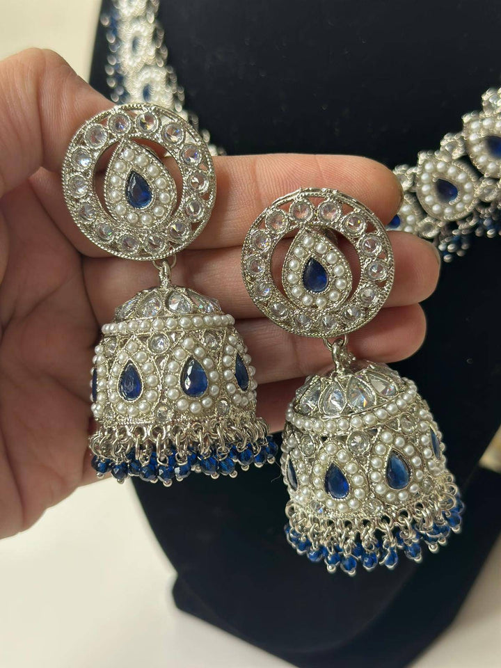 Izhaar flexible Polki Reverse AD Blue Color Necklace with Earrings Tikka/Wedding Jewelry/Traditional Jewelry/Wedding/Reverse AD/Choker Set.