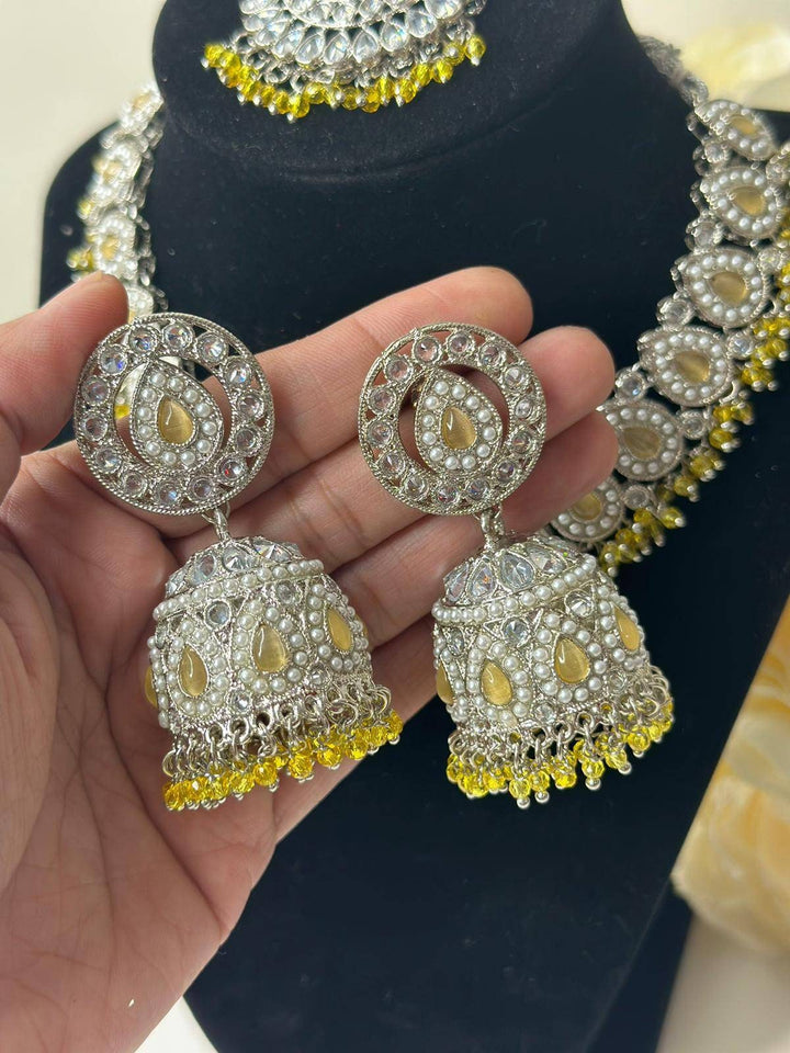Izhaar flexible Polki Reverse AD Yellow Color Necklace with Earrings Tikka/Wedding Jewelry/Traditional Jewelry/Wedding/ReverseAD/Choker Set.