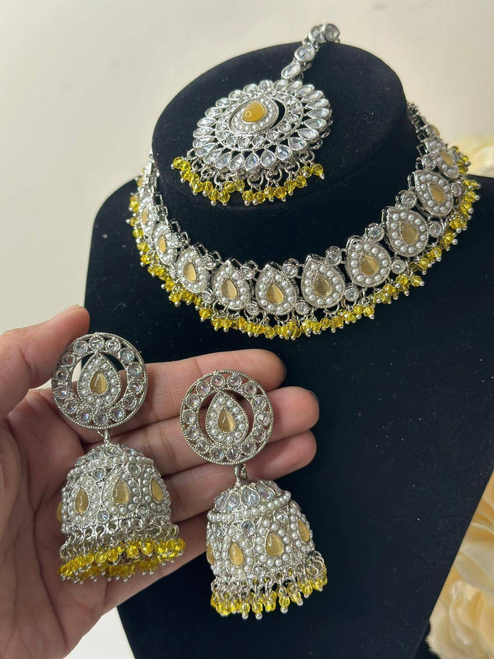 Izhaar flexible Polki Reverse AD Yellow Color Necklace with Earrings Tikka/Wedding Jewelry/Traditional Jewelry/Wedding/ReverseAD/Choker Set.