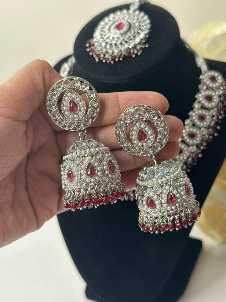 Izhaar flexible Polki Reverse AD Cherry Color Necklace with Earrings Tikka/Wedding Jewelry/Traditional Jewelry/Wedding/ReverseAD/Choker Set.