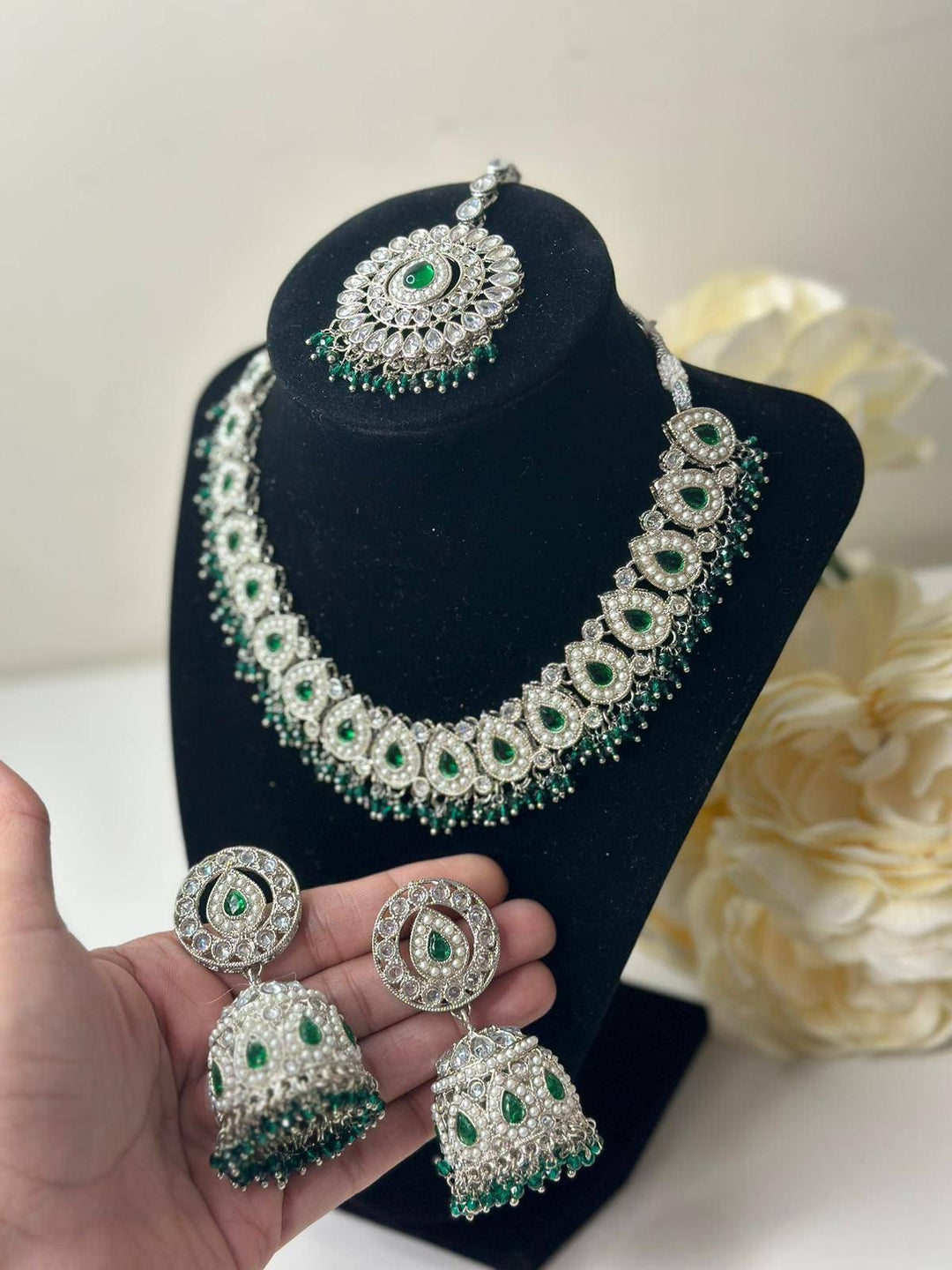 Izhaar flexible Polki Reverse AD Green Color Necklace with Earrings Tikka/Wedding Jewelry/Traditional Jewelry/Wedding/ReverseAD/Choker Set.