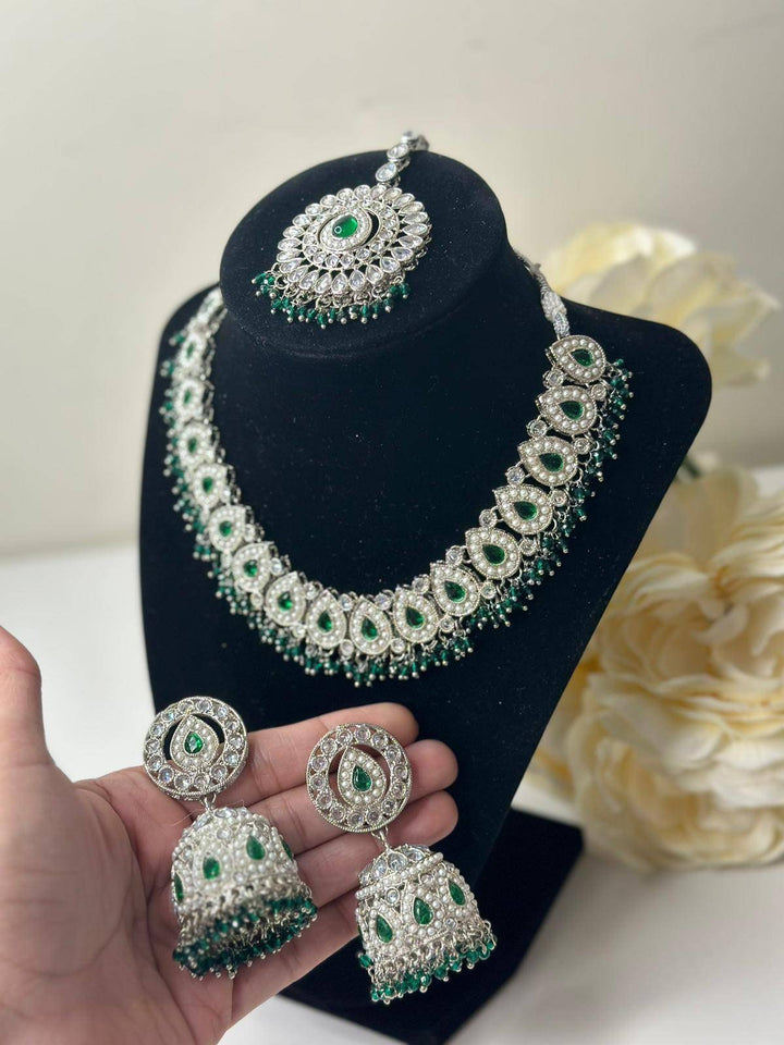 Izhaar flexible Polki Reverse AD Green Color Necklace with Earrings Tikka/Wedding Jewelry/Traditional Jewelry/Wedding/ReverseAD/Choker Set.