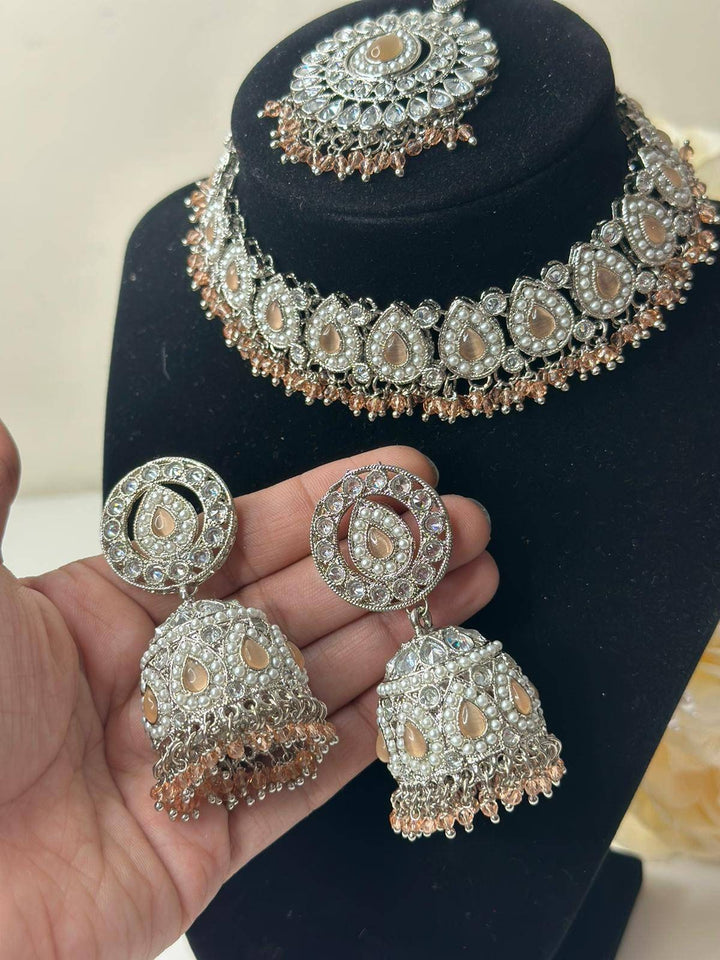 Izhaar flexible Polki Reverse AD Peach Color Necklace with Earrings Tikka/Wedding Jewelry/Traditional Jewelry/Wedding/ReverseAD/Choker Set.
