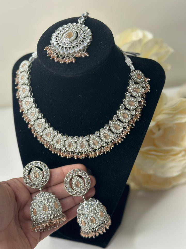 Izhaar flexible Polki Reverse AD Peach Color Necklace with Earrings Tikka/Wedding Jewelry/Traditional Jewelry/Wedding/ReverseAD/Choker Set.