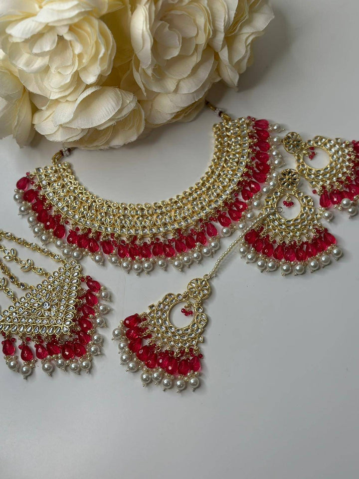 Izhaar Indian Red Color Polki Kundan Necklace with Passa And Earrings Tikka / Wedding Jewelry/ Traditional Jewelry/ Bollywood set.