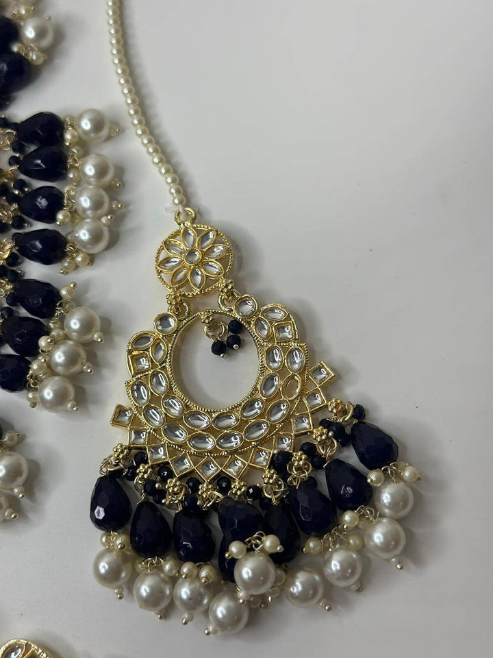 Izhaar Indian D. Blue Color Polki Kundan Necklace with Passa And Earrings Tikka / Wedding Jewelry/ Traditional Jewelry/ Bollywood set.
