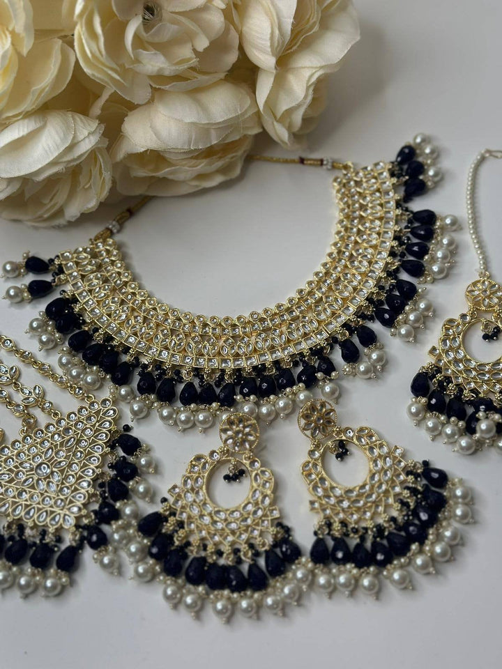 Izhaar Indian D. Blue Color Polki Kundan Necklace with Passa And Earrings Tikka / Wedding Jewelry/ Traditional Jewelry/ Bollywood set.