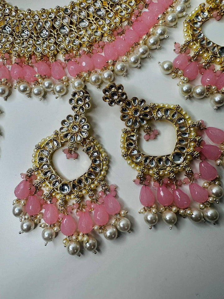 Izhaar Indian L. Pink Color Polki Kundan Necklace with Passa And Earrings Tikka / Wedding Jewelry/ Traditional Jewelry/ Bollywood set.