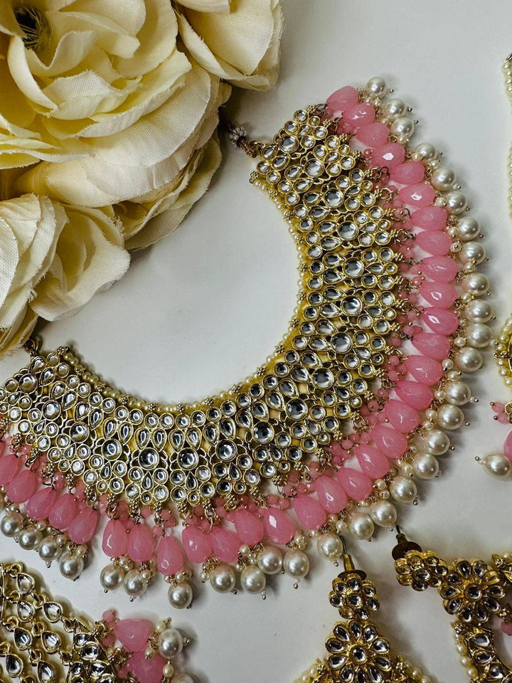 Izhaar Indian L. Pink Color Polki Kundan Necklace with Passa And Earrings Tikka / Wedding Jewelry/ Traditional Jewelry/ Bollywood set.